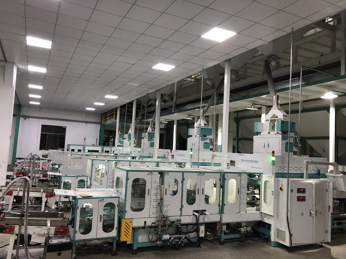 Vietnam rice factory automatic packaging line with QZB-900E vacuum packing machine and robotic palletizer